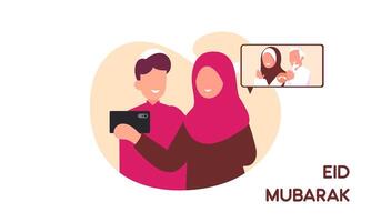 moslim familie contact hun ouderling of ouders in smartphone video telefoontje naar tonen hun liefde in eid mubarak viering vector