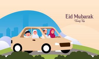 moslim familie in auto reis naar geboorteplaats gedurende eid mubarak viering vector