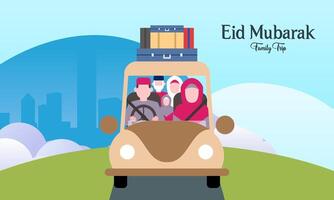 moslim familie in auto reis naar geboorteplaats gedurende eid mubarak viering vector