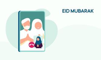 moslim familie contact hun ouderling of ouders in smartphone video telefoontje naar tonen hun liefde in eid mubarak viering vector