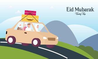 moslim familie in auto reis naar geboorteplaats gedurende eid mubarak viering vector