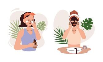 Dames genieten huid zorg routine- Bij huis illustratie vector