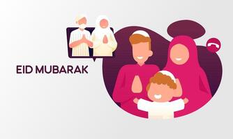 moslim familie contact hun ouderling of ouders in smartphone video telefoontje naar tonen hun liefde in eid mubarak viering vector