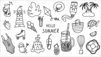 Hallo zomer tekening verzameling met seizoensgebonden pictogrammen en vrije tijd activiteiten vector
