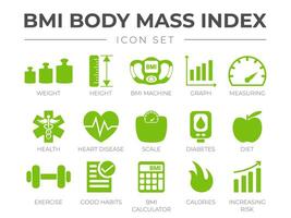 bmi lichaam massa inhoudsopgave icoon set. gewicht, hoogte, bmi machine, grafiek, meten, Gezondheid, hart ziekte, schaal, suikerziekte, eetpatroon, oefening, gebruiken, bmi rekenmachine, calorieën, risico pictogrammen. vector