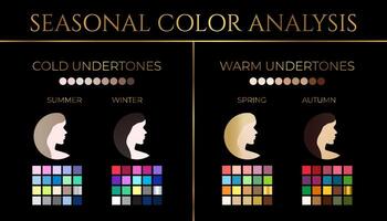 elegant zwart en goud seizoensgebonden huid kleur analyse illustratie met kleur stalen en huid ondertoon palet vector