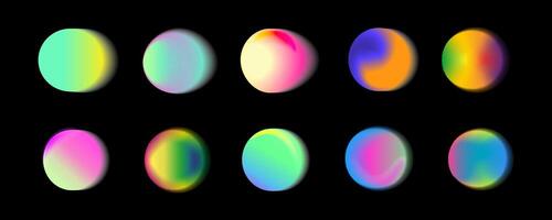 reeks van vector illustratie met een abstract radiaal helling vervagen in tinten van paars groen en blauw.levendig reeks van aura gloed rondes met een zacht punt neon element.kleur holografische ronde vormen.