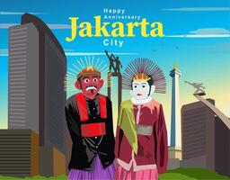 vector ondel-ondel reusachtig marionet karakteristiek van betawi Jakarta met helder en mooi Jakarta stad gebouwen, Monas, pancoran, Welkom tugu monument net zo een achtergrond