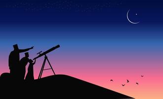vector silhouet Mens en kinderen Moslim kijken eerste begin dag Ramadan maan Hilal met telescoop terwijl in de avond Bij Islamitisch kalender