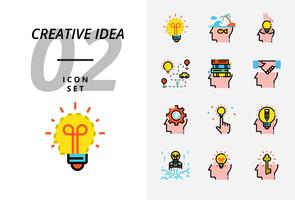 Icon pack voor creatief idee, brainstormen, idee, creatief, lamp, reizen, weg, reis, plan, boek, onderwijs, handdruk, business, management, potlood. vector