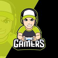 gamer jongen tekenfilm illustratie met hoofdtelefoons en hoed. gaming mascotte logo vector voor wimpel, insigne of esport team