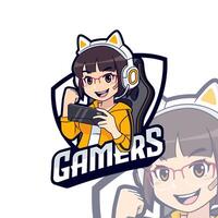 schattig gamer karakter mascotte logo, wimpel meisje esport logo sjabloon vector