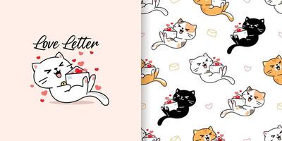 schattig hand- getrokken kat met liefde brief naadloos patroon en illustratie vector