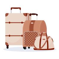 samenstelling van mode reizen Tassen . tekenfilm koffers wielen, plastic bagage, bagage voor reis. modieus bagage voor mannen of Dames. vector illustratie voor toerisme in vlak stijl