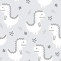 cartoon dierlijke achtergrond voor kinderen witte dinosaurus hand getekende naadloze vector patroon in kinderstijl gebruikt voor prints, decoratief behang, stoffen, textiel.