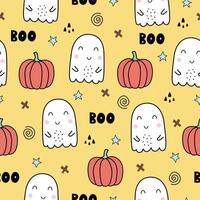 halloween naadloos patroon. spook en pompoen. handgetekende cartoon achtergrond in kinderstijl. gebruik voor prints, wallpapers, textiel, mode, vectorillustraties. vector