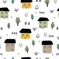 landelijk dorp naadloze achtergrondpatroon met huizen en bomen hand getekende ontwerp in cartoon-stijl creatief voor stoffen, inwikkeling, textiel, behang, kleding. vector illustratie
