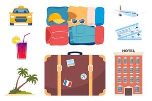 avontuur toerisme, reizen Buitenland, zomer vakantie reis decoratief ontwerp elementen. reeks van reizen pictogrammen. vervoer, hotel, bagage, luchthaven. cocktail, palm. vector illustratie.