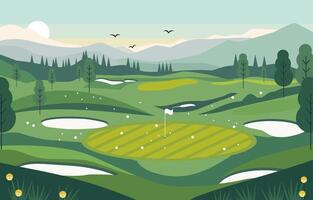 natuur landschap van groen golf veld- Cursus met heuvel berg visie in helder dag vector