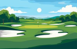 vlak ontwerp van groen golf veld- Cursus met berg visie in helder dag vector