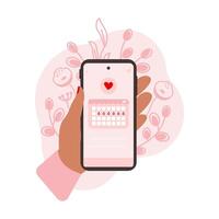 vrouw handen Holding telefoon met menstruatie- kalender periode volger. menstruatie fiets vrouwen Gezondheid zorg app. vector illustratie.