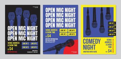 Open mic nacht poster, staan omhoog komedie tonen poster of folder of banier ontwerp, folder sjabloon met microfoon en helder elementen, drie reeks van posters samenstelling Aan grijs achtergrond. vector