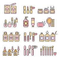 schoonheidsmiddelen pictogrammen reeks pixel kunst.make-up illustratie teken collectie.divers verschillend huid en lichaam zorg producten en gemakkelijk instructies. verpakking in verschillend vormen voor huidsverzorging producten. vector