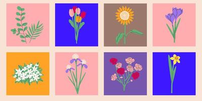 bloem boeket.lente en zomer bloemen, planten voor decoratie, bloeiend kruiden geïsoleerd Aan kleurrijk achtergrond.hand getrokken set.vector illustratie eps 10. vector