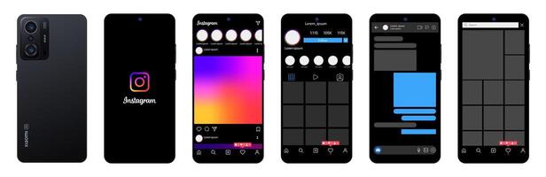 instagram ontwerp in xiaomi redmi11t. reeks scherm sociaal media en netwerk koppel sjabloon. foto kader. verhalen, Leuk gevonden, stroom, feedback, persoonlijk profiel, chatten, rollen, voer, populair. redactioneel vector