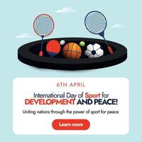 Internationale dag van sport- voor ontwikkeling en vrede viering spandoek. 6e april IDDP banier, sociaal media post met verschillend sport- uitrusting pictogrammen. verenigen landen door sport- voor vrede vector