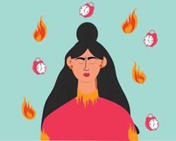 vrouw gevoel benadrukt uitgeput, gefrustreerd, en burn-out. vrouw werken na een tijdje Bij deadline. alarm in vuur, brandend klok.vector, illustratie vector