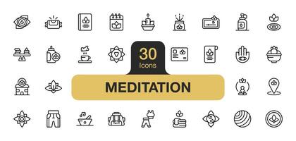 reeks van 30 meditatie icoon element stelt. omvat yoga, Gezondheid voedsel, sport, thee, kaars, boek, en meer. schets pictogrammen vector verzameling.