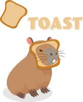 een grappig boos capibara zit vast haar snuit in geroosterd brood. capytoast. tekenfilm vlak vector stijl. ansichtkaart, poster, sticker. een stuk van brood geroosterd brood.