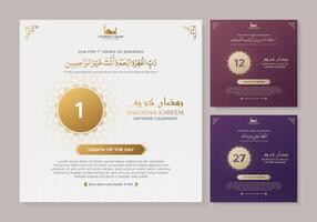 Ramadan kareem overdag kalender in drie verschillend kleuren, met 1e, 2e en 3e ashra dua in Arabisch vector