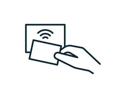 contactloze technologie betaalkaart voor aankopen via nfc, rfid, icon line. draadloos betaaltransactieteken. betaling op afrekencreditcard. vector illustratie