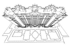 gedetailleerd bouwkundig plan van met meerdere verdiepingen gebouw met afnemend perspectief. vector blauwdruk illustratie