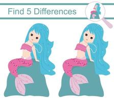 tekenfilm zeemeerminnen. zoek 5 verschillen. educatief spel voor kinderen. vector