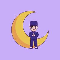 vector illustratie van een karakter zittend Aan een halve maan maan en maken de gebaar van salam. Ramadan kareem ontwerp concept