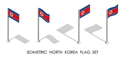 isometrische vlag van DVK, noorden Korea in statisch positie en in beweging Aan vlaggenmast. 3d vector