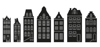 silhouet van een rij Amsterdamse stijl huizen. gevels van europese oude gebouwen voor kerstversiering. vector set