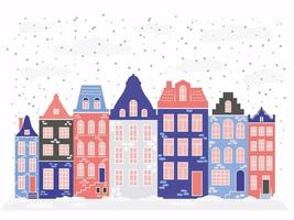 rij Amsterdamse stijl huizen. gevels van europese oude gebouwen voor kerstversiering. platte vectorillustratie vector