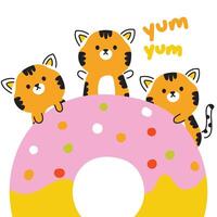 schattig tijger met aardbei donut Aan wit background.line hand- getrokken stijl.wild dier karakter tekenfilm. lief en dessert.kawaii.vector.illustratie. vector