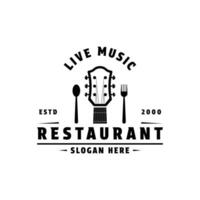 muziek leven restaurant logo ontwerp concept met gitaar vork en lepel icoon vector