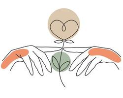 twee handen die vingers aanraken en een bloem in de vorm van een hartlijnkunst vector