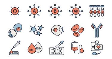 hematologie en bloed types icoon set. testen, Onderzoek, steekproef, schip, transfusie, rood , wit bloed cellen, rh factor, bloedplaatjes, antigenen, druk meting vector illustratie.