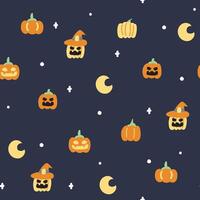 naadloos patroon van pompoen en maan hand- getrokken Aan nacht lucht achtergrond.halloween festival.afbeelding voor kaart, poster, schat kleding.horror.kawaii.vector.illustratie. vector