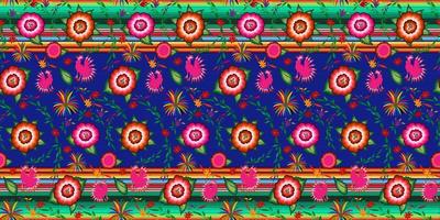 naadloos Mexicaans bloemenborduurpatroon, kleurrijke inheemse bloemen volksmodevormgeving. geborduurde traditionele textielstijl van mexico, gestreepte kleuren, vector geïsoleerd op blauwe achtergrond