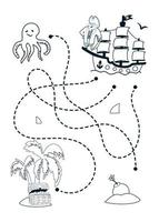 help het piratenschip de weg naar het eiland te vinden. leuke cartoon piraten doolhofspel. labyrint. grappig spel voor kinderen onderwijs. vector illustratie