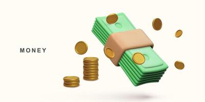 3d realistisch bundel contant geld en vliegend munten. geld besparing. vector illustratie.