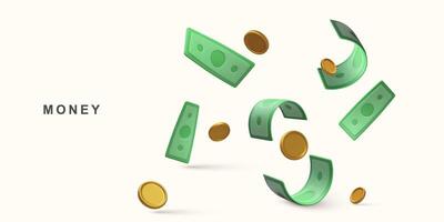 3d realistisch contant geld en vliegend munten. geld besparing. vector illustratie.